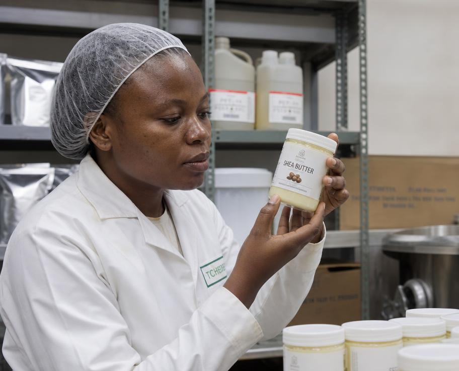 Quality control worker inspecting a jar of shea butter