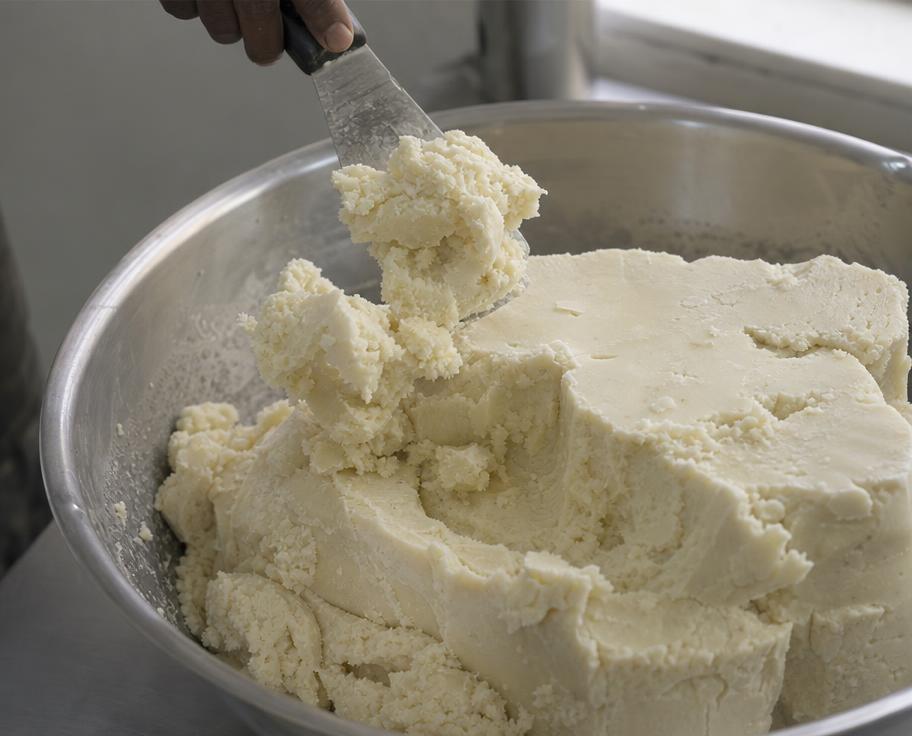 Raw unrefined shea butter being scooped from a steel bowl