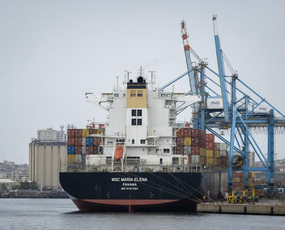 Container ship loading at a West African port